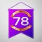 Realistic Purple pennant with inscription Seventy eight Years Anniversary Celebration Design on grey background. Golden