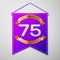 Realistic Purple pennant with inscription Seventy five Years Anniversary Celebration Design on grey background. Golden