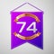 Realistic Purple pennant with inscription Seventy four Years Anniversary Celebration Design on grey background. Golden