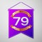 Realistic Purple pennant with inscription Seventy nine Years Anniversary Celebration Design on grey background. Golden