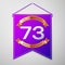 Realistic Purple pennant with inscription Seventy three Years Anniversary Celebration Design on grey background. Golden