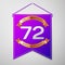 Realistic Purple pennant with inscription Seventy two Years Anniversary Celebration Design on grey background. Golden