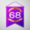Realistic Purple pennant with inscription Sixty eight Years Anniversary Celebration Design on grey background. Golden