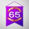 Realistic Purple pennant with inscription Sixty five Years Anniversary Celebration Design on grey background. Golden