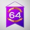 Realistic Purple pennant with inscription Sixty four Years Anniversary Celebration Design on grey background. Golden