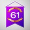 Realistic Purple pennant with inscription Sixty one Years Anniversary Celebration Design on grey background. Golden