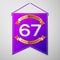 Realistic Purple pennant with inscription Sixty seven Years Anniversary Celebration Design on grey background. Golden