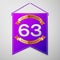 Realistic Purple pennant with inscription Sixty three Years Anniversary Celebration Design on grey background. Golden
