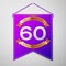 Realistic Purple pennant with inscription Sixty Years Anniversary Celebration Design on grey background. Golden ribbon