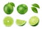 Realistic raw lime fruit, whole, half and slice