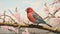 Realistic Red Bird Painting With Pink Blossoms