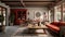 Realistic Red Couch In Unreal Engine 5 Living Room With Tang Dynasty And Mesoamerican Influences