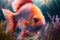 Realistic red fish with white spots close-up on the background of blue water corals and algae.