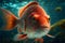 Realistic red fish with white spots close-up on a background of turquoise water corals and algae.