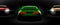 Realistic red green yellow three sport car view with unlocked headlights in the dark