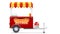 Realistic red hot dog cart with striped canopy. Street business, food market. Kiosk seller of fast food. Icons isolated