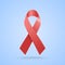 Realistic red ribbon. World aids day symbol on blue background. Vector illustration