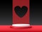 Realistic red and white 3D cylinder pedestal podium with window heart shape background. Valentine minimal scene for products