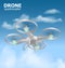Realistic remote air drone quadrocopter flying in the sky and monitoring security. Isomertic view. Vector illustration