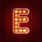 Realistic retro gold lamp bulb font letter E. Part of alphabet in vintage casino and slots style. Vector shine symbol of