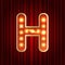 Realistic retro gold lamp bulb font letter H. Part of alphabet in vintage casino and slots style. Vector shine symbol of