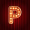 Realistic retro gold lamp bulb font letter P. Part of alphabet in vintage casino and slots style. Vector shine symbol of