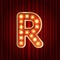 Realistic retro gold lamp bulb font letter R. Part of alphabet in vintage casino and slots style. Vector shine symbol of