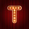 Realistic retro gold lamp bulb font letter T. Part of alphabet in vintage casino and slots style. Vector shine symbol of