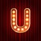 Realistic retro gold lamp bulb font letter U. Part of alphabet in vintage casino and slots style. Vector shine symbol of