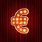 Realistic retro gold lamp bulb font money symbol euro. Part of alphabet in vintage casino and slots style. Vector shine