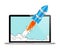 Realistic Rocket and Laptop Vector Icon. Startup Comic or Project Development Concept.