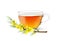 Realistic rooibos tea cup and flower, 3d glass