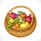 Realistic round wicker basket filled with fruits