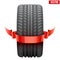 Realistic rubber tire symbol with red ribbon.