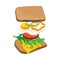 Realistic Sandwich Ingredients Explosion with Scrambled Egg and Vegetables Vector Food Item. Fast Food Concept