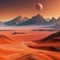 A realistic science fiction Mars planet environment features an orange degraded desert with mountains and a bright