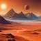 A realistic science fiction Mars planet environment features an orange degraded desert with mountains and a bright