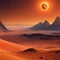 A realistic science fiction Mars planet environment features an orange degraded desert with mountains and a bright