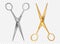 Realistic scissors. Silver and gold metal classic scissors tool mockup, hairdresser or tailor instrument isolated vector