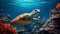 Realistic Sea Turtle In Aquarium With Coral Backgrounds