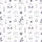 Realistic seamless pattern with chemistry and physics laboratory equipment hand drawn with lines on white background