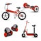 Realistic self-balancing gyro two-wheeled board scooter or hoverboard 3 colorful sets transparent background vector