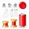 Realistic set of spools for sewing, thimbles, button on clothes, needles isolated on white background. Red vector sewing kit