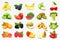 Realistic set of various kinds of fruits with orange, kiwi, pear, lemon, grapes, strawberries, currants, peach, lime, grapefruit,