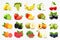 Realistic set of various kinds of fruits with orange, kiwi, pear, lemon, grapes, strawberries, currants, peach, lime, grapefruit,