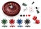 The realistic set of vector casino elements or icons including roulette wheel, playing cards, chips, dice and more