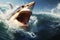 Realistic shark with open mouth and big teeth, in the middle of the ocean. AI generator