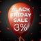 Realistic Shiny Red Balloon with text Black Friday Sale Three percent for discount over black background. Black Friday