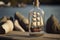 realistic ship model in bottle, with detailed craft and sails, sitting on wooden dock