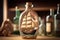 realistic ship model in bottle, with detailed craft and sails, sitting on wooden dock